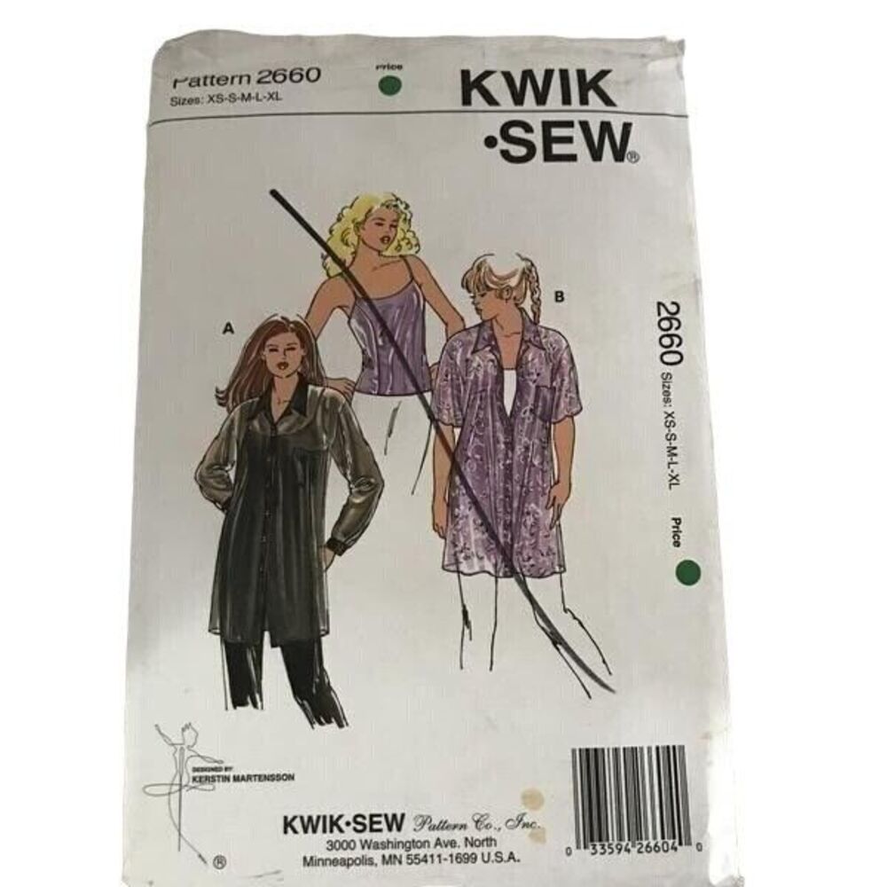 #2660 Kwik Sew top womens long blouse sewing pattern XS-XL